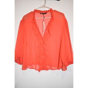 NWT Zara Womens Red Ruffle Blouse, Front Button, Size Med‎